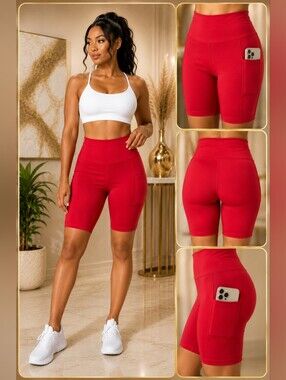 Red High-Waisted Biker Shorts with Side Pocket | Stretch Activewear | Athleisure